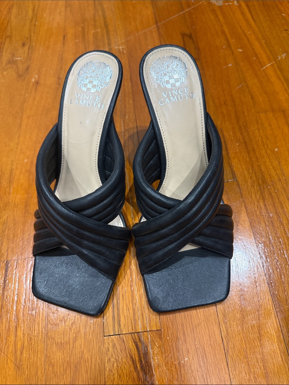 Vince Camuto Black Quilted Crisscross Slide Mules